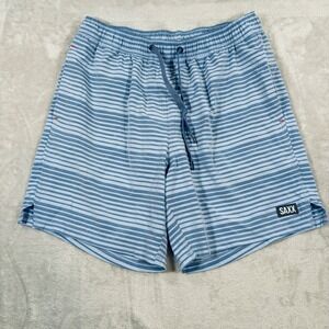 Saxx Oh Buoy 2N1 Swim Shorts Mens Medium Blue Striped BallPark Pouch DropTemp